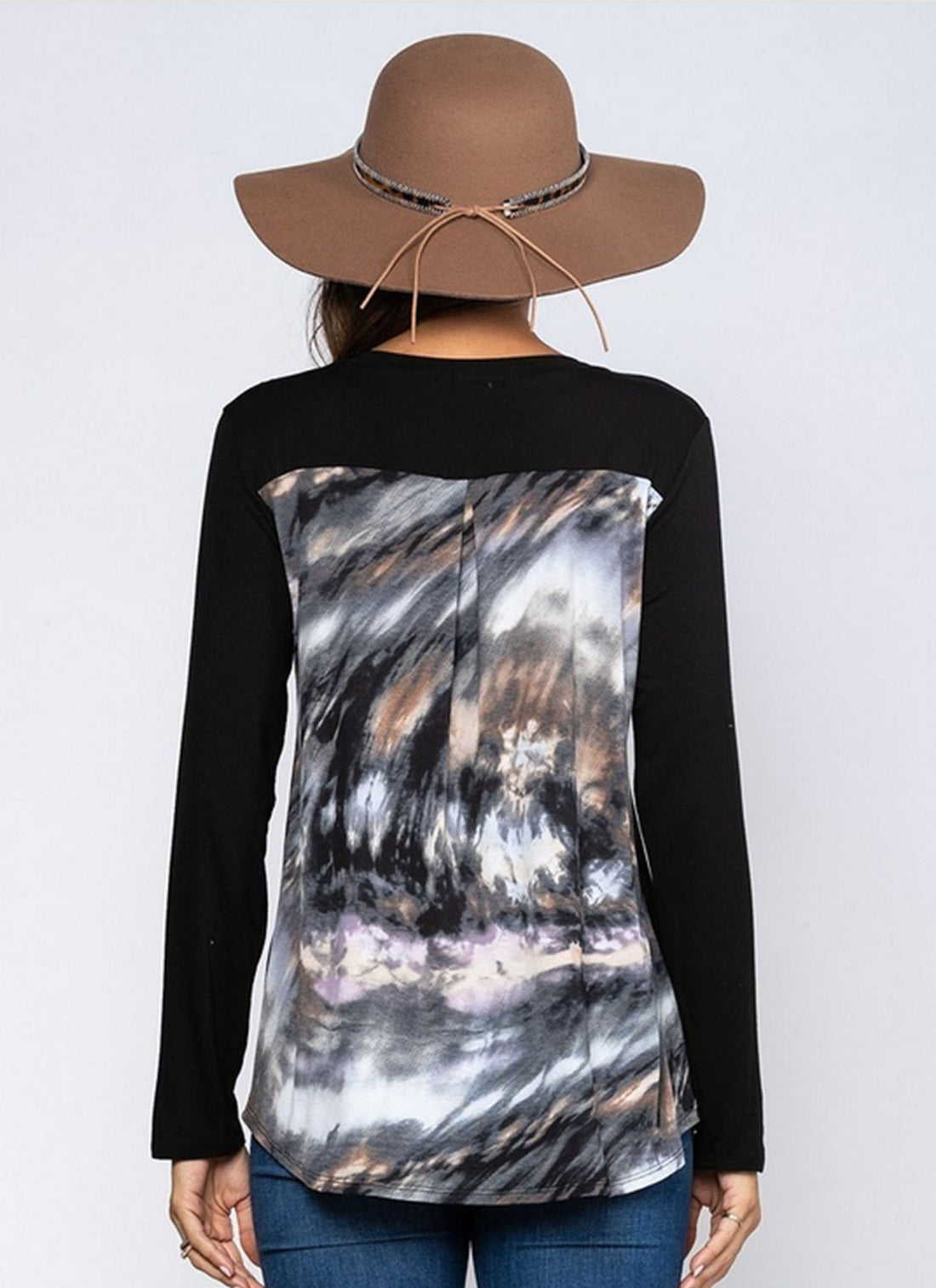 Black Top with Contrast Tie-Dye Sleeves and Pocket Detail