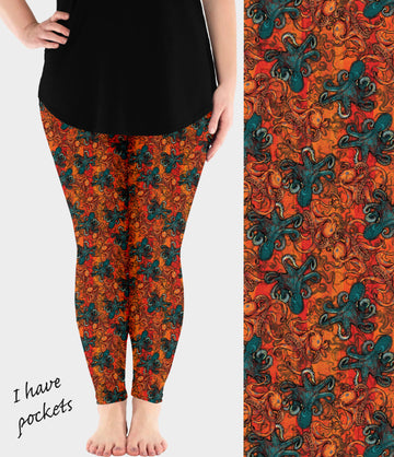 RTS - Orange and Teal Octopus Leggings w/ Pockets