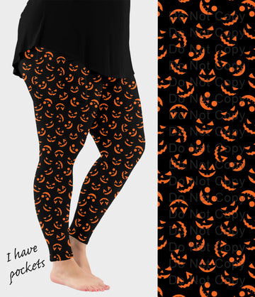 RTS - Orange Pumpkin Faces Halloween Leggings with Pockets