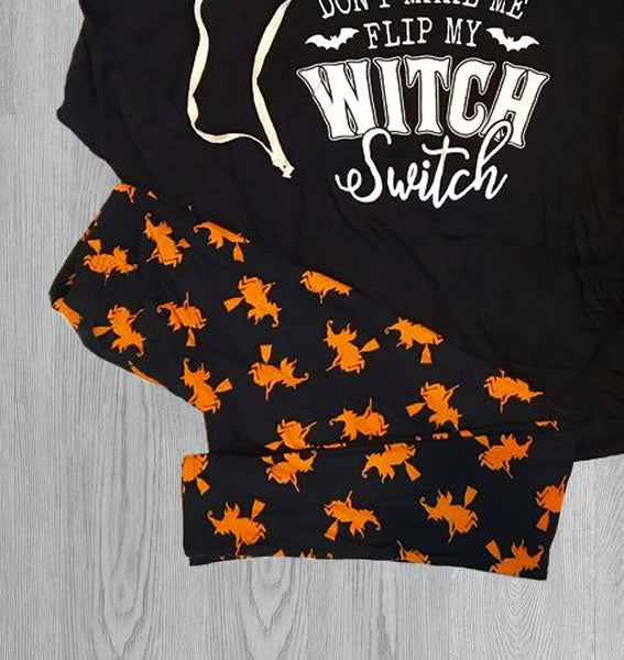 Halloween Orange Witch Print Soft Black Leggings