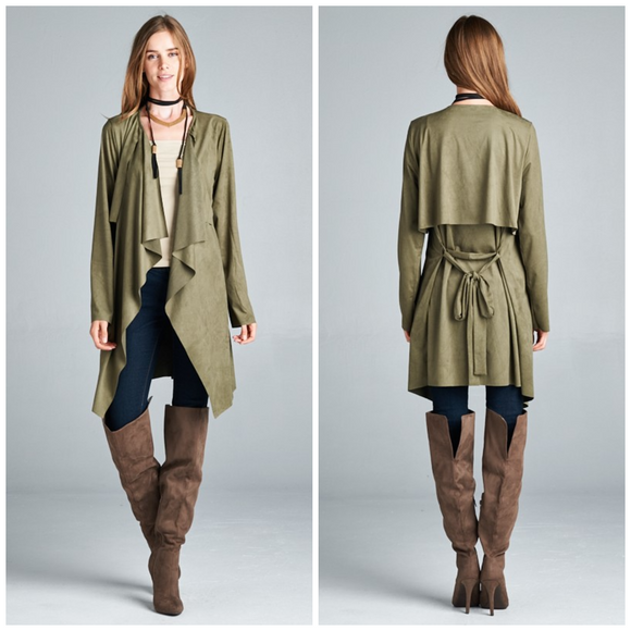 Army Green Vegan Suede Waterfall Trench Coat w/ Tie - SUPER SOFT!