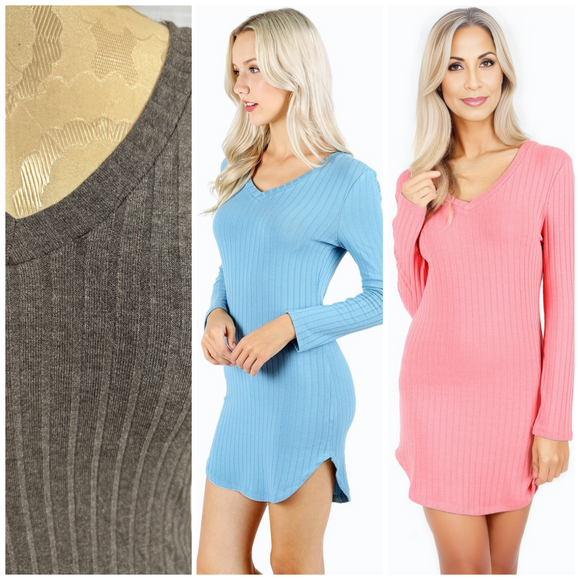 Ribbed Knit V-neck Curved Hem Bodycon Long Sleeve Dress