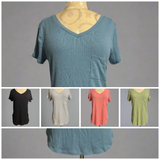 Ribbed V-Neck Dolphin Hem Pocket Top