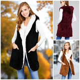Fluffy Hooded Open Vest with Pockets