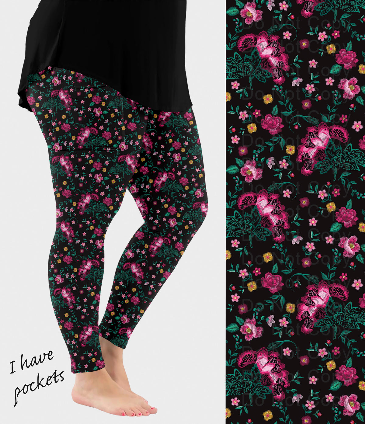 RTS - Pink Embroidered Blooms Printed Leggings with Pockets