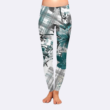 Teal Flower Blossoms Plaid Print Leggings