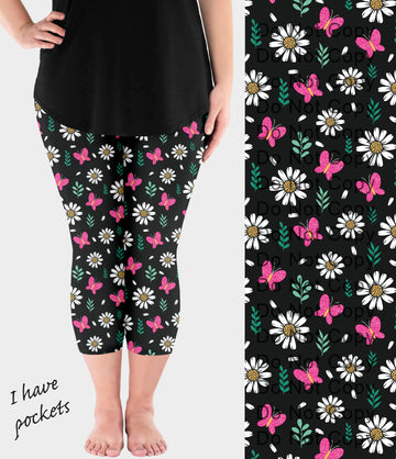 RTS - Polka Dot Butterfly Daisies Capri Leggings with Pockets