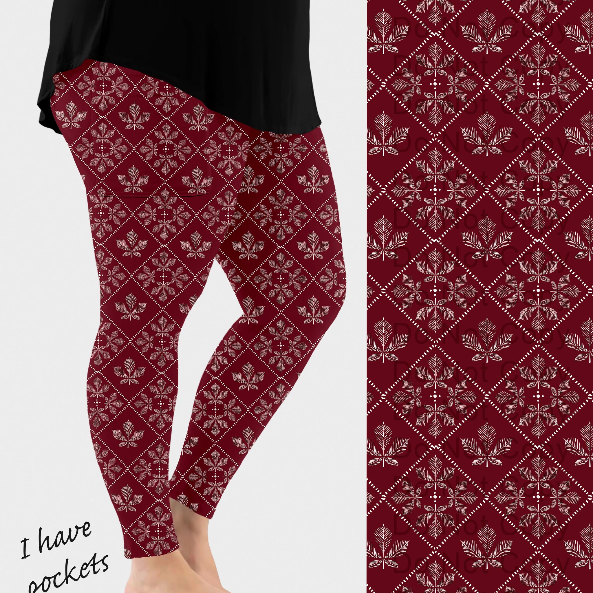 RTS - Red Autumn Leaves Leggings w/ Pockets
