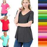 Women's Wide V-Neck Cuffed Short Sleeve Curved Hem Luxe Jersey Top