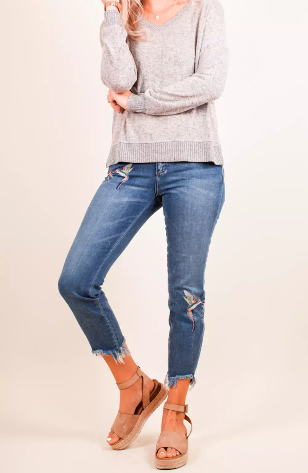 Hidden Jeans Hummingbird Embroidered Raw Hem