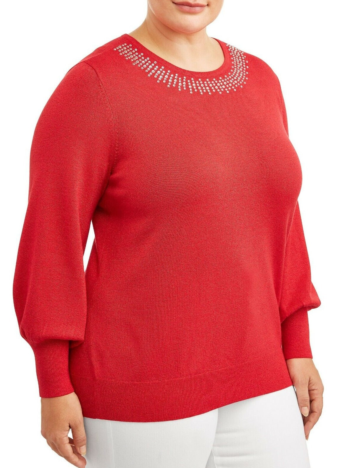 Sparkle Red Balloon Sleeve Sweater Top w/ Rhinestone Accents
