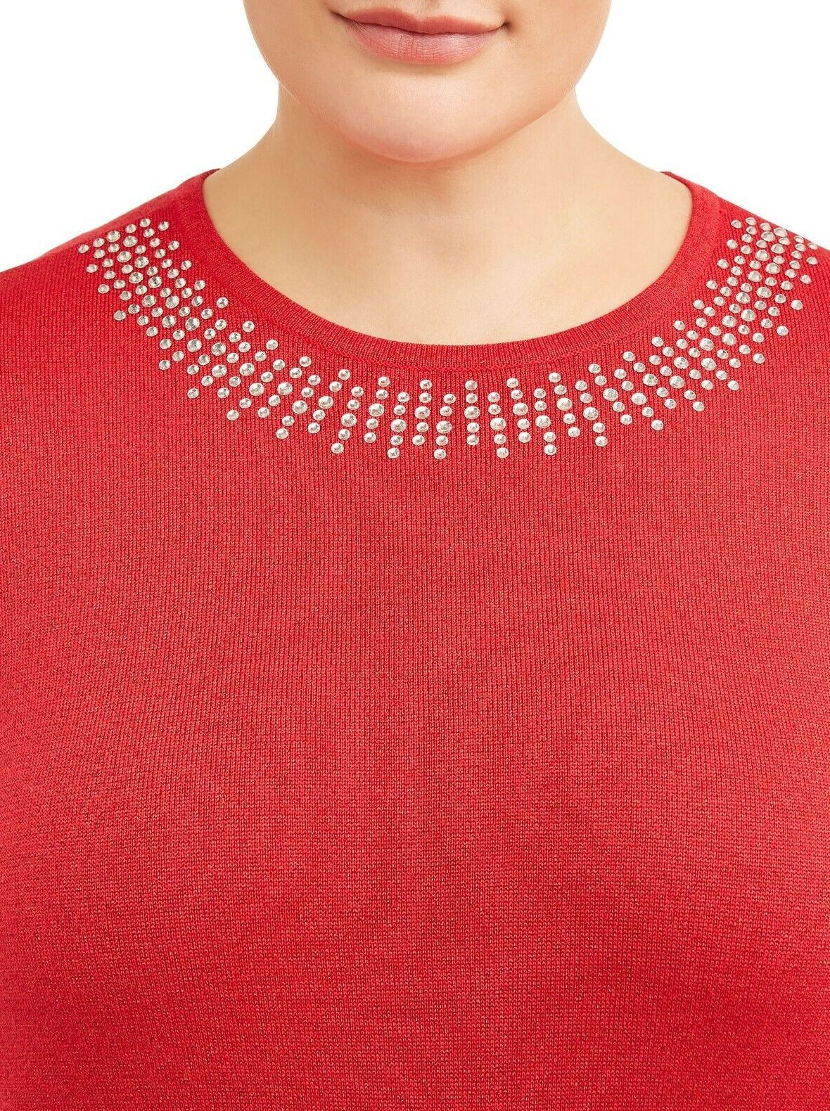 Sparkle Red Balloon Sleeve Sweater Top w/ Rhinestone Accents