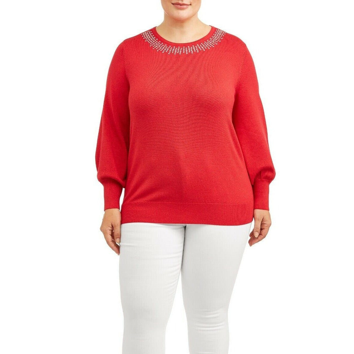 Sparkle Red Balloon Sleeve Sweater Top w/ Rhinestone Accents