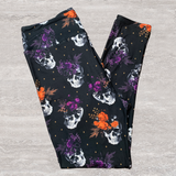 Orange Purple Roses Halloween Skull Print Leggings