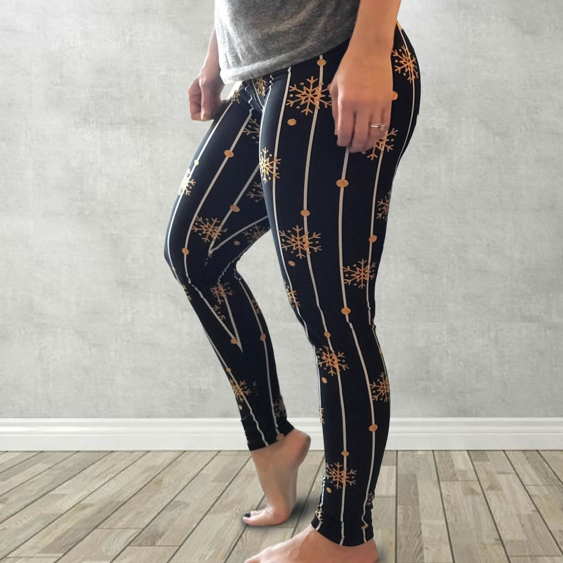 Gold Snowflake Pinstripe Print Holiday Soft Leggings - Adult & Kid Sizes