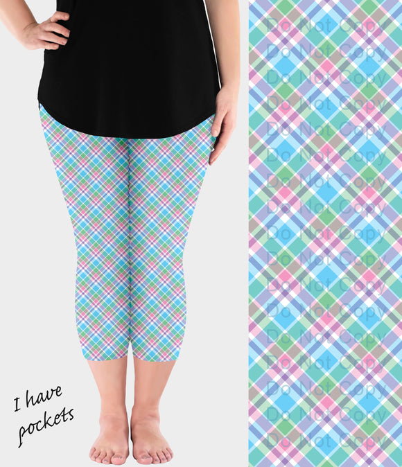 RTS - Spring Blue Plaid Capri Leggings w/ Pockets