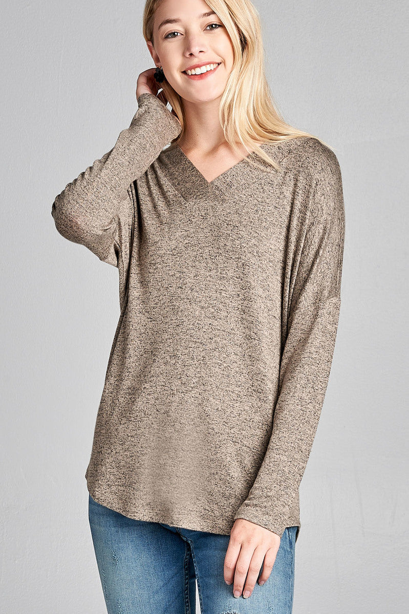 V-Neck Long Sleeve Heathered Top