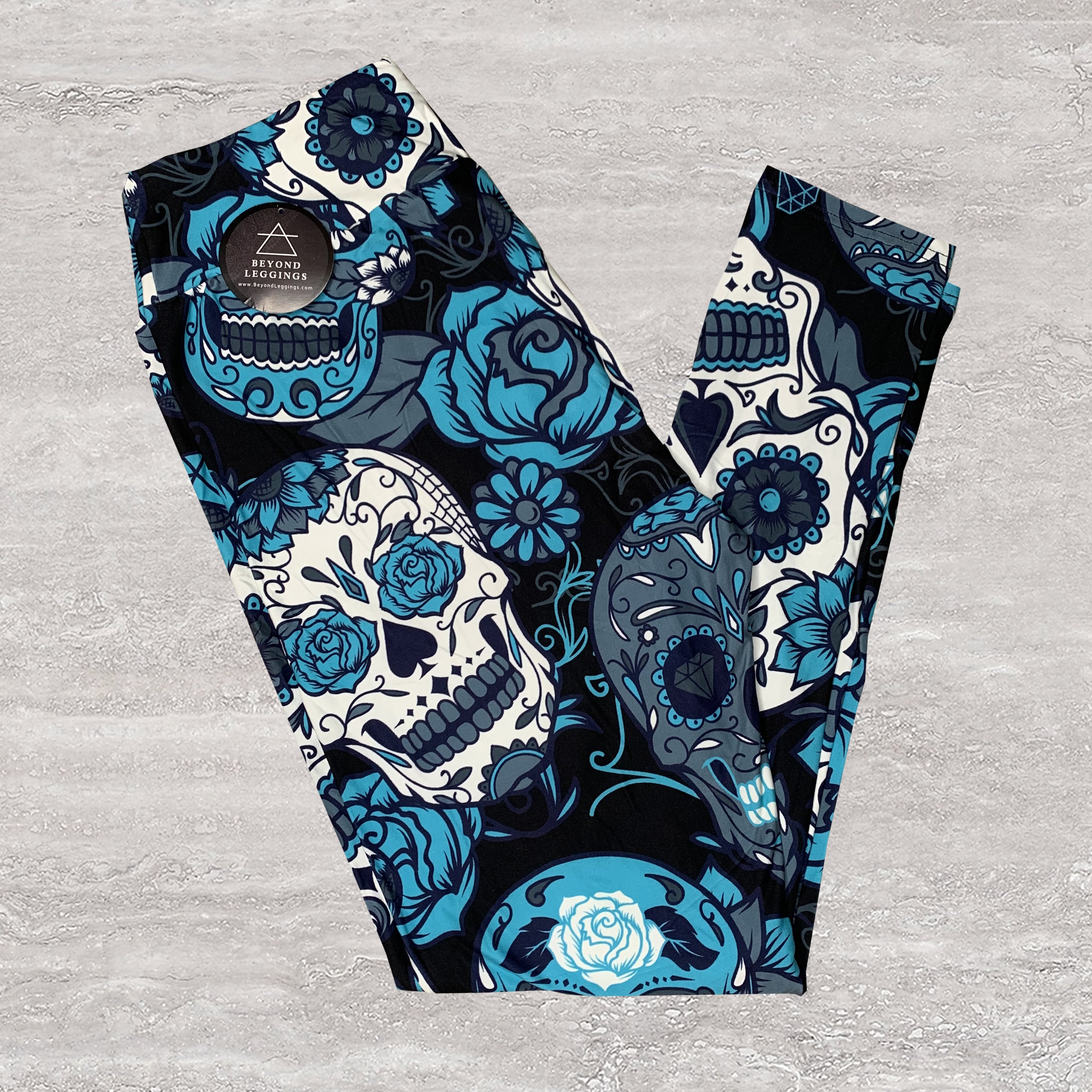 Large Sugar Skull Print Leggings Soft Full Length w/ Pocket In Yoga Band
