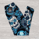Large Sugar Skull Print Leggings Soft Full Length w/ Pocket In Yoga Band