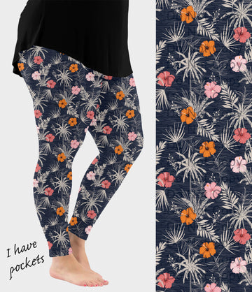 RTS - Tropical Hibiscus Nightfall Leggings with Pockets