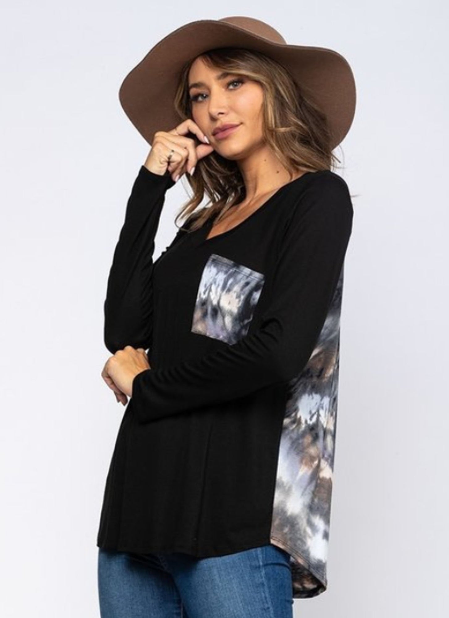 Black Top with Contrast Tie-Dye Sleeves and Pocket Detail