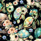 Floral Turtle Print Capri Soft Black Leggings W/ Pockets