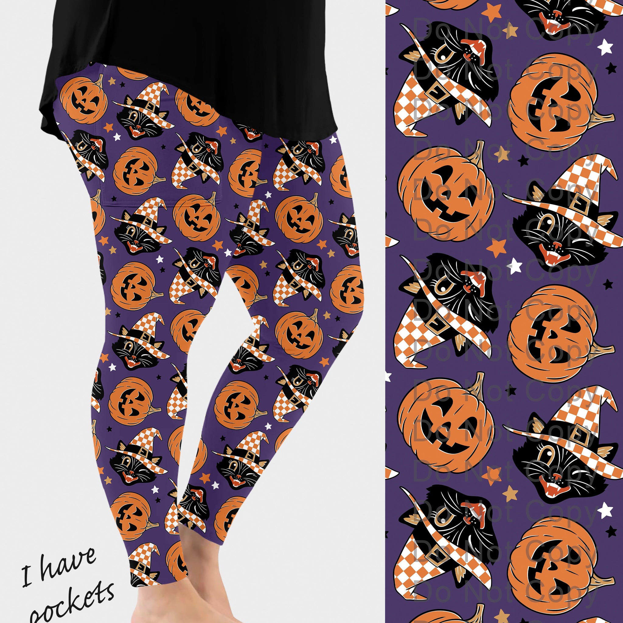 RTS - Vintage Purple Cat and Pumpkins Leggings w/ Pockets