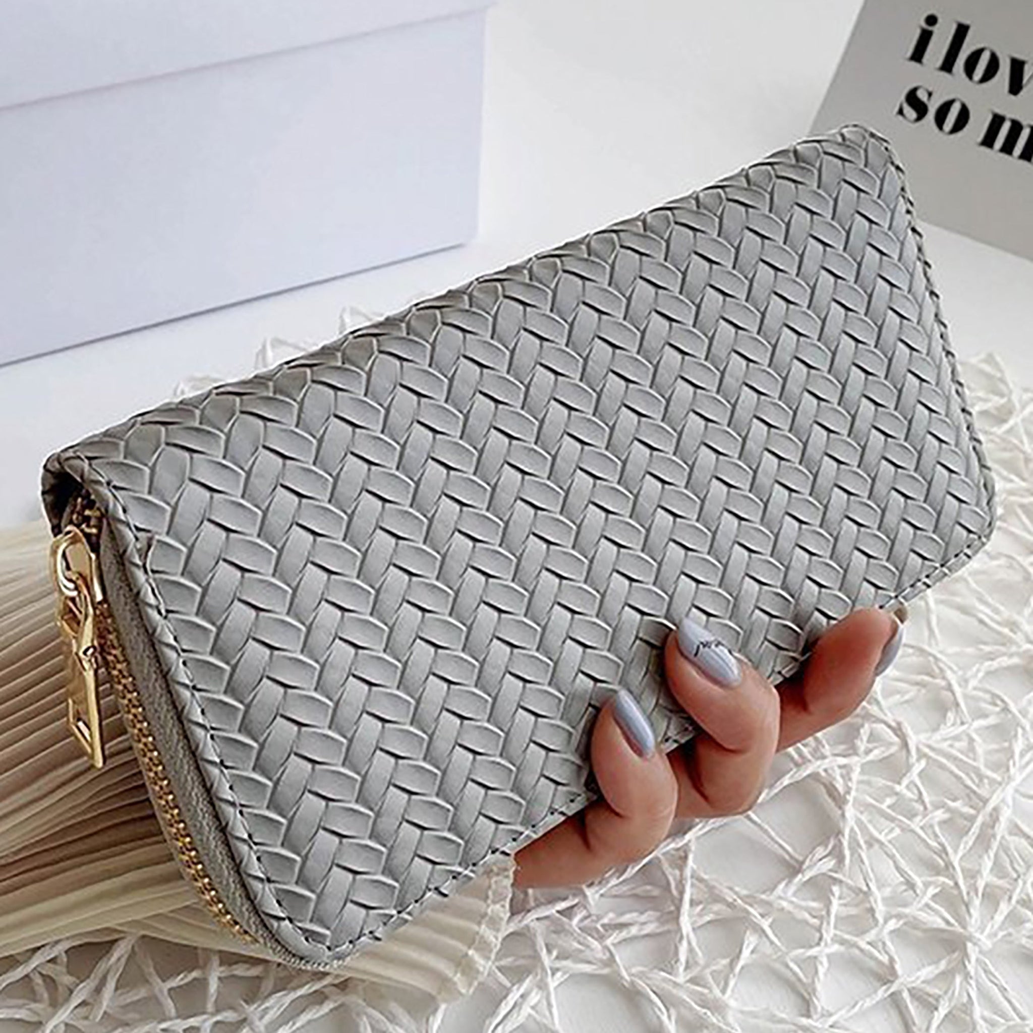 RTS - Grey Vegan Leather Woven Weave Zip Around Wallet