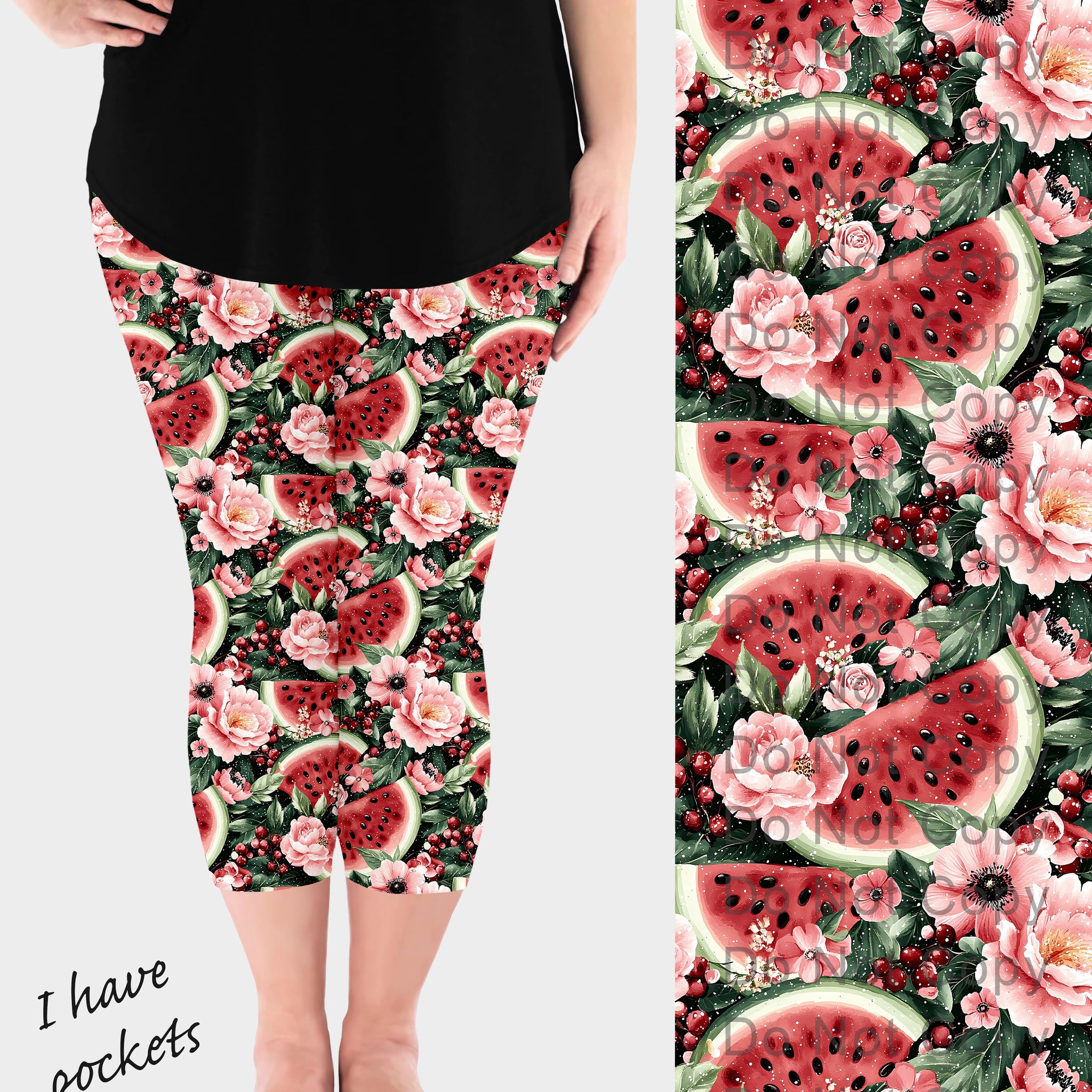RTS - Watermelon Blooms Capri Leggings w/ Pockets