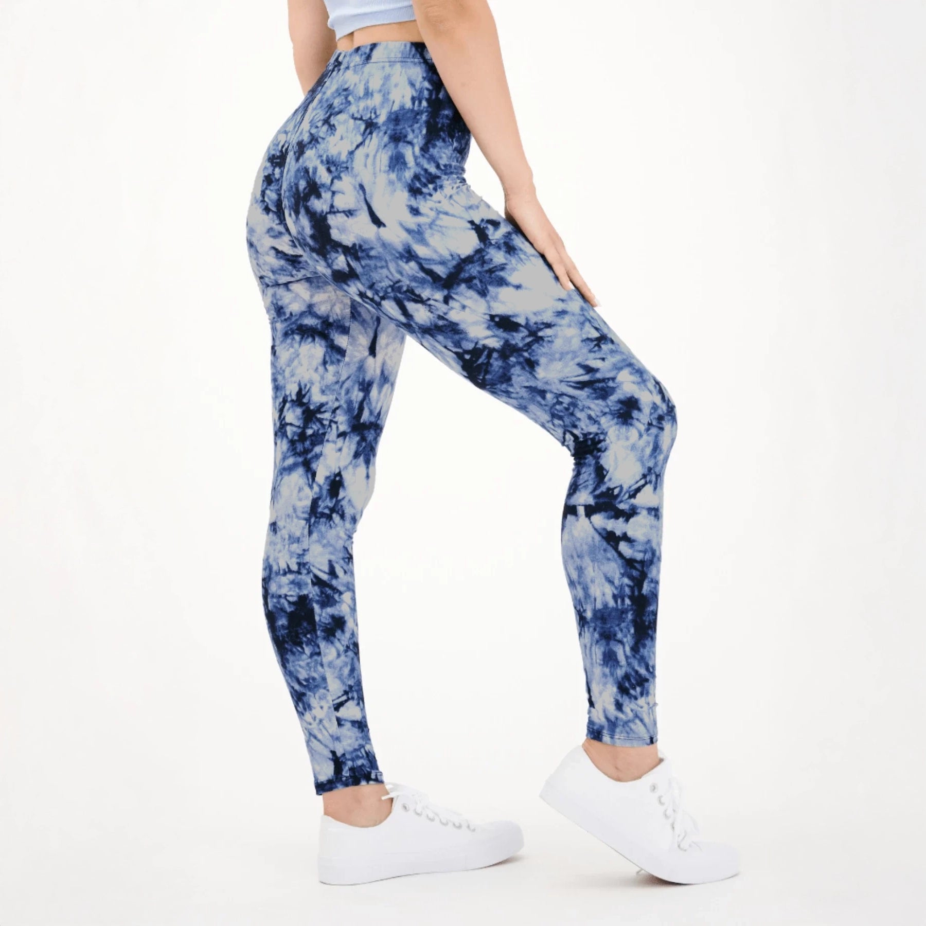 White & Blue Tie Dye Print Leggings