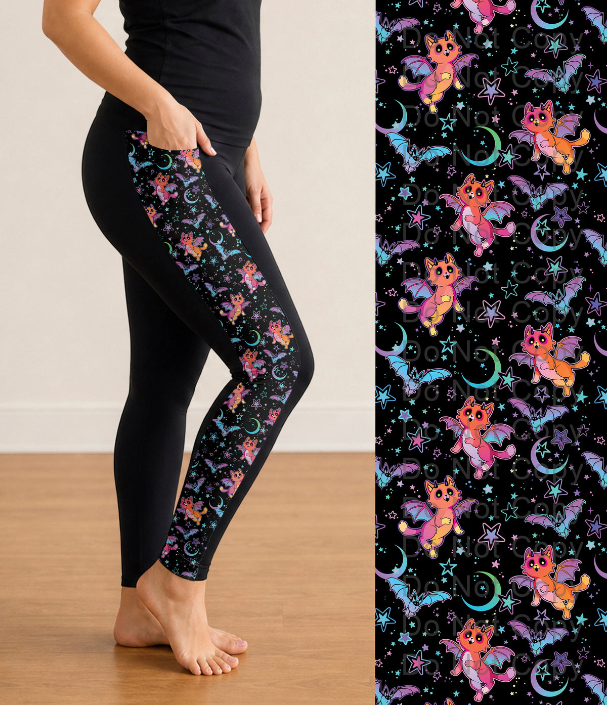 RTS - Winged Cat Side Panel Leggings with Pockets