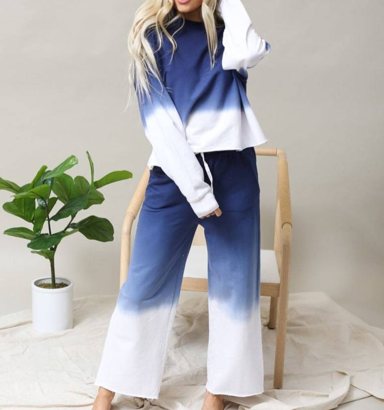 Cotton Ombre Dip Dye French Terry Long Sleeve Top Wide Leg Lounge Pants w/ Pockets Tracksuit SET - Navy