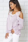 Lace Trimmed Cold Shoulder Long Sleeve Top