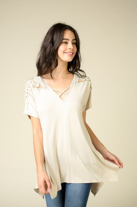 Lace Shoulder Crisscross V-neck Top