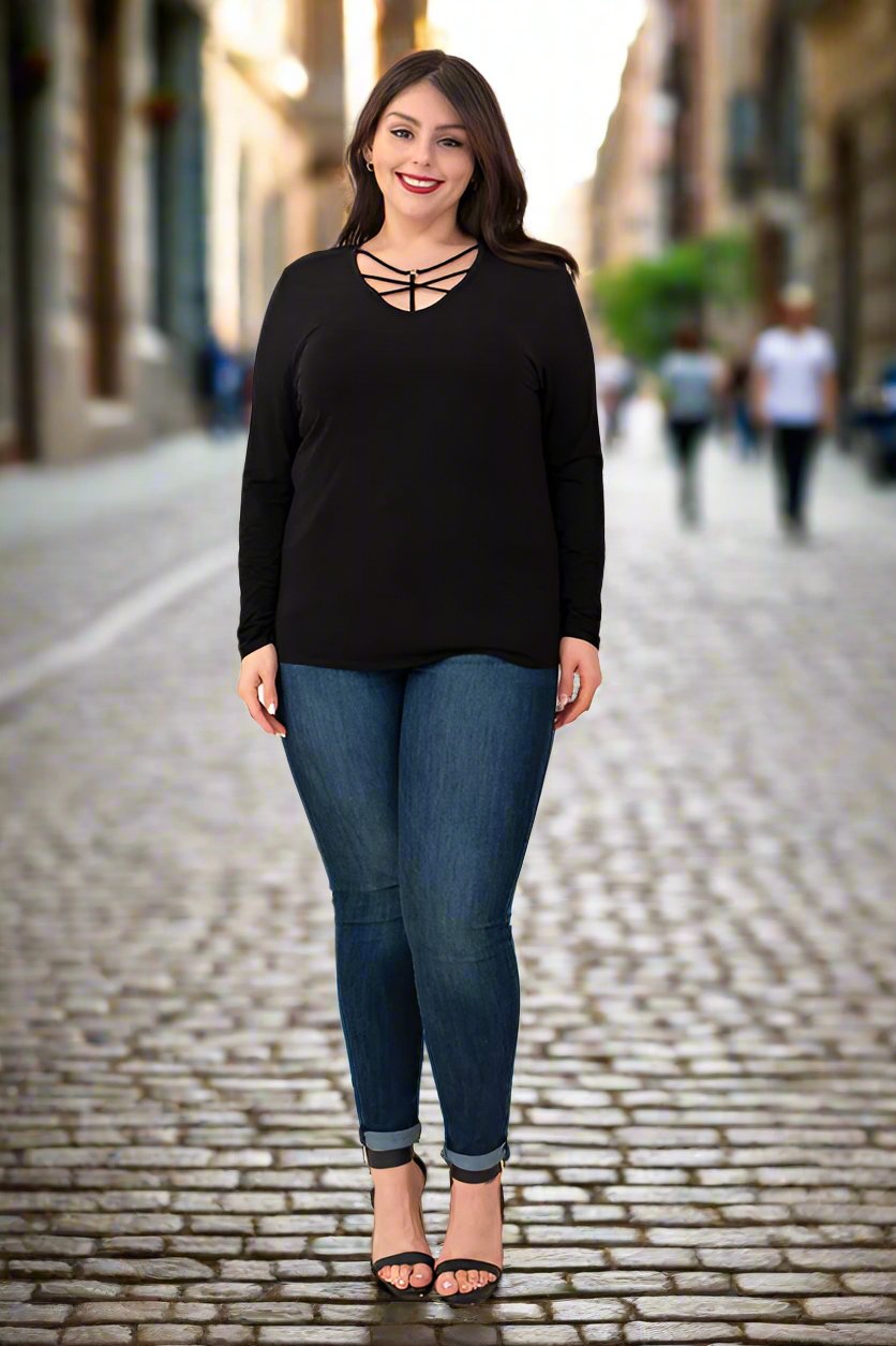 "O" Ring Caged Round Neck Top - Black