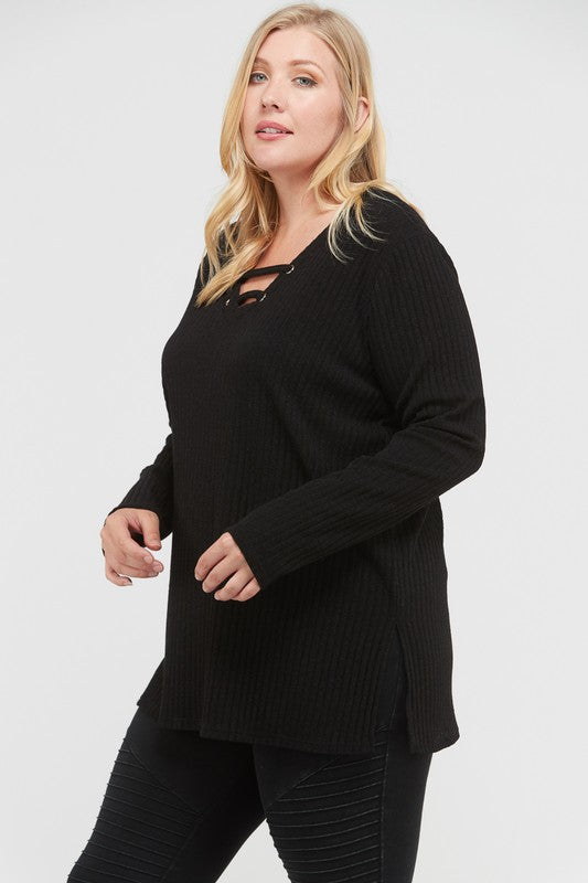 Ladder V-Neck Ribbed Sweater Top