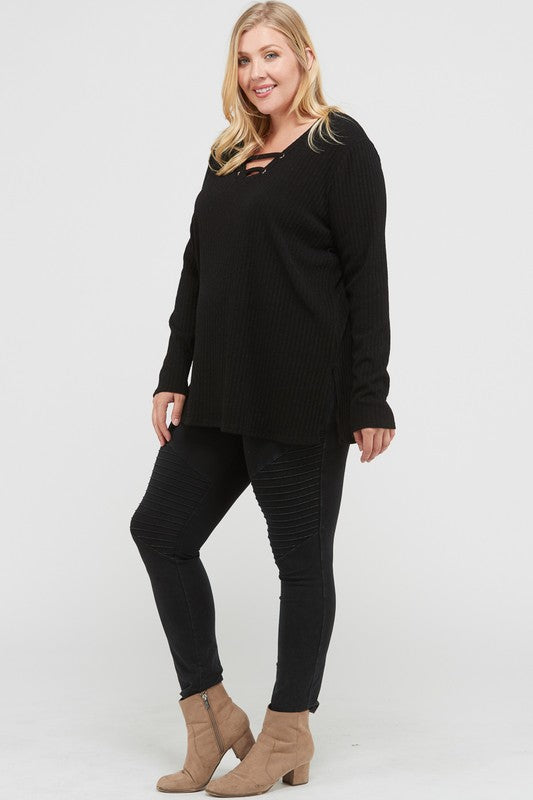 Ladder V-Neck Ribbed Sweater Top