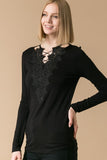 Criss Cross Lace V-Neck Top - Black