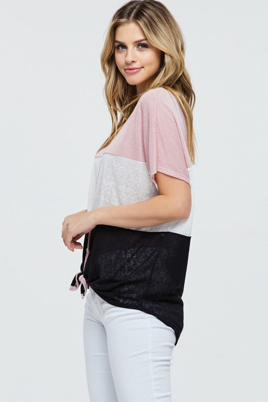 Colorblock Button Top with Tie Detail