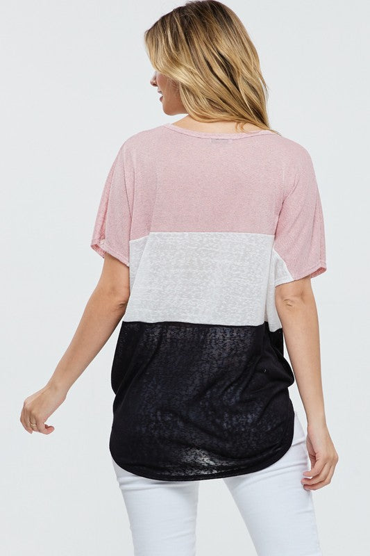 Colorblock Button Top with Tie Detail