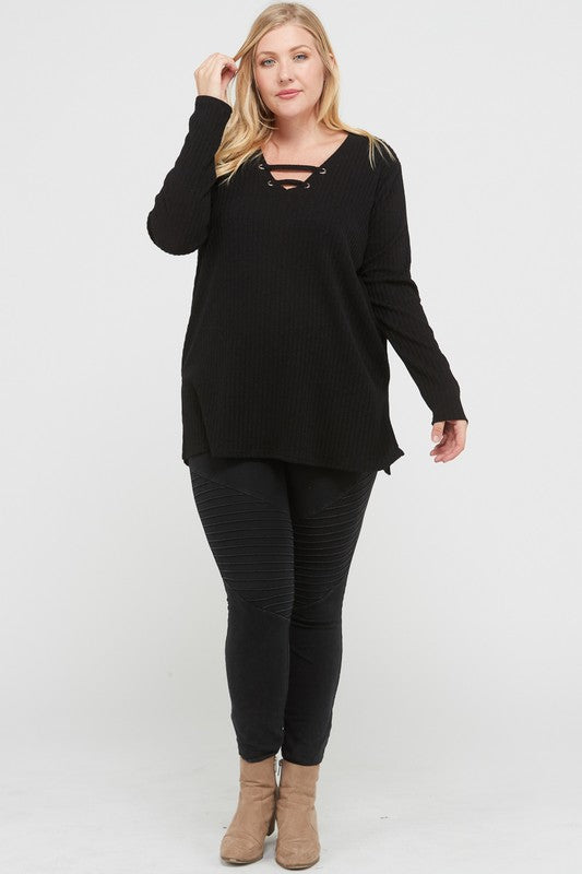 Ladder V-Neck Ribbed Sweater Top