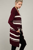 Striped Open Front Burgundy Sweater Cardigan w/ Pockets