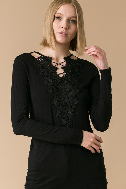 Criss Cross Lace V-Neck Top - Black