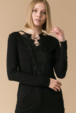 Criss Cross Lace V-Neck Top - Black