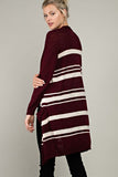 Striped Open Front Burgundy Sweater Cardigan w/ Pockets
