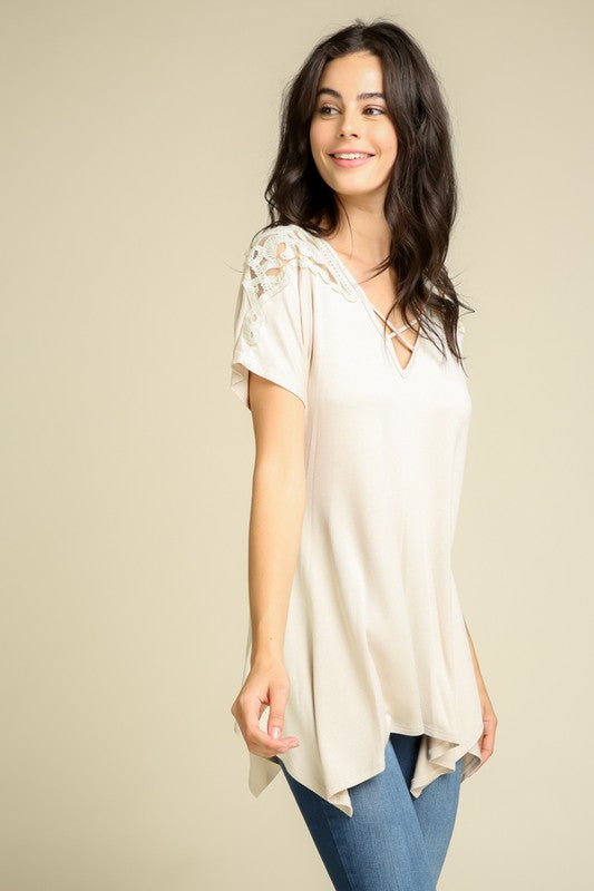Lace Shoulder Crisscross V-neck Top