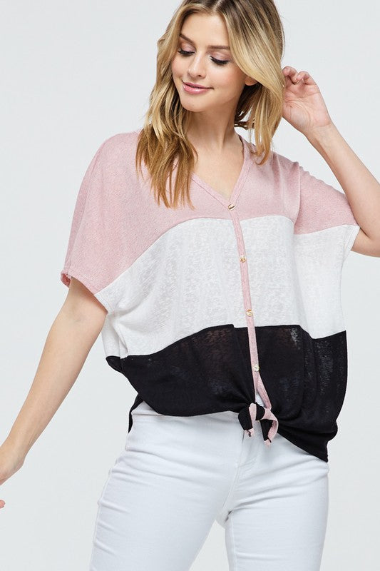 Colorblock Button Top with Tie Detail