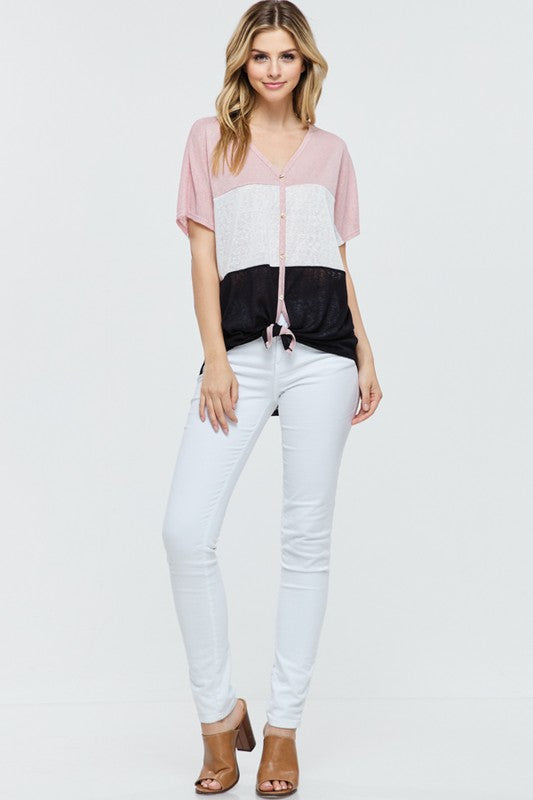 Colorblock Button Top with Tie Detail