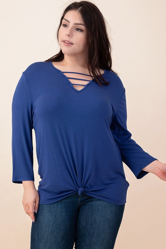 Ladder V-neck Knotted Top - Blue