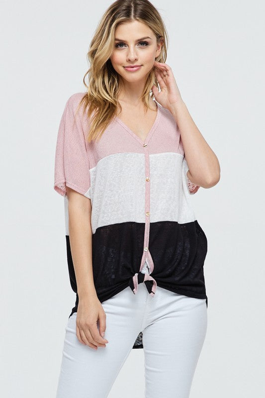 Colorblock Button Top with Tie Detail